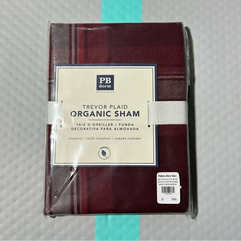 Pottery Barn Teen PB Dorm‎ Trevor Plaid Organic Standard Sham Maroon burgundy