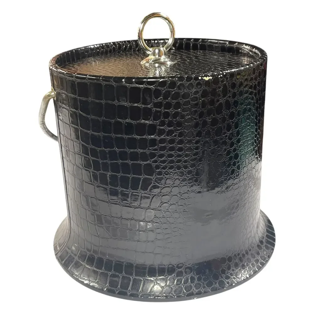 Vintage Faux Croc Black Ice Bucket | Mid-Century Barware | Vinyl Textured Cooler