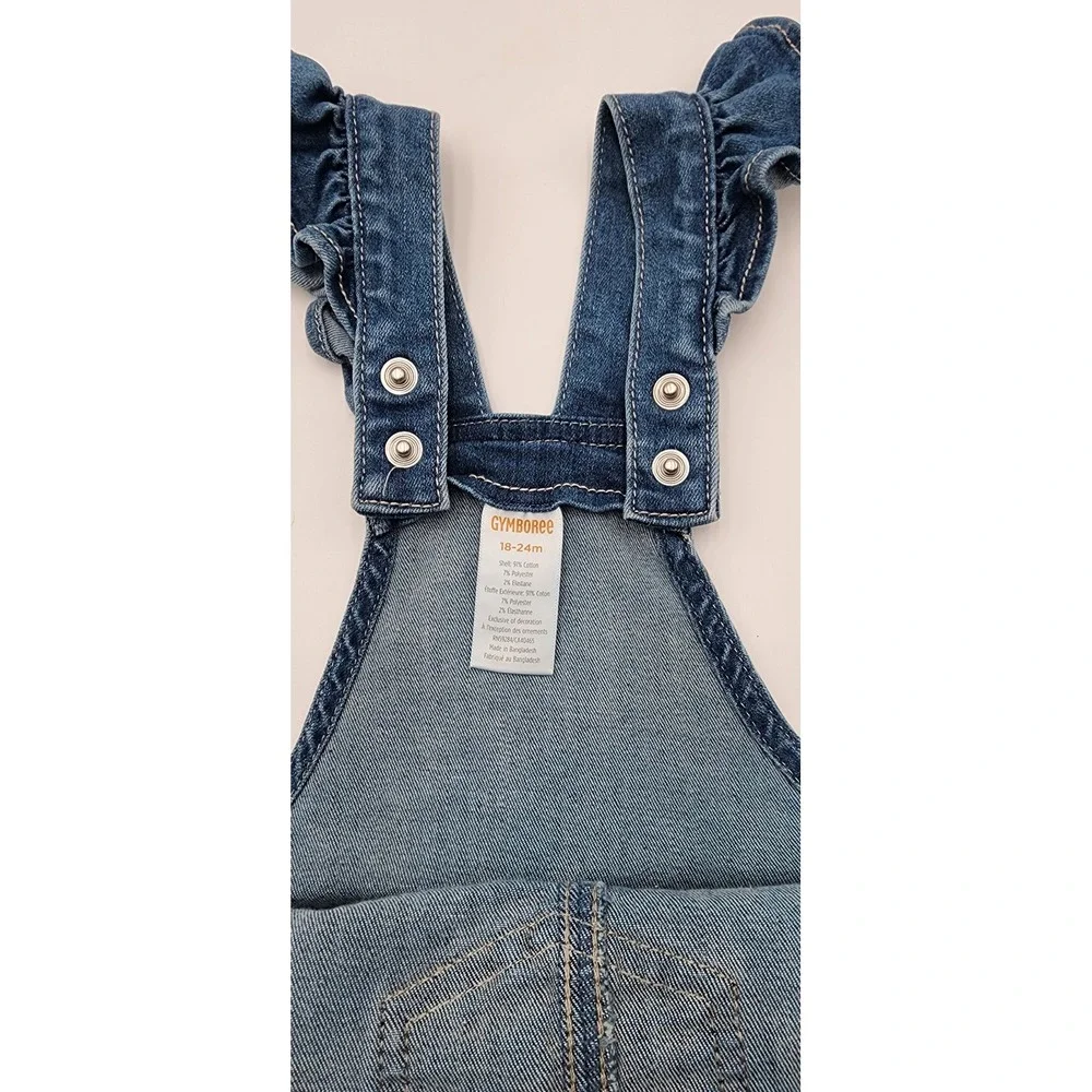 Gymboree Cherry Denim Ruffle Sleeve Overalls Shortalls 18-24‎ Months Kids EUC