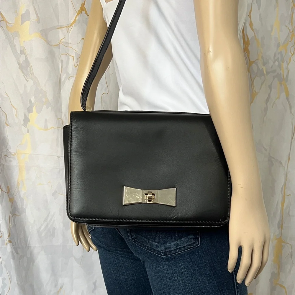 * Kate Spade Black Leather Shoulder Bag with Silver Bow Accent