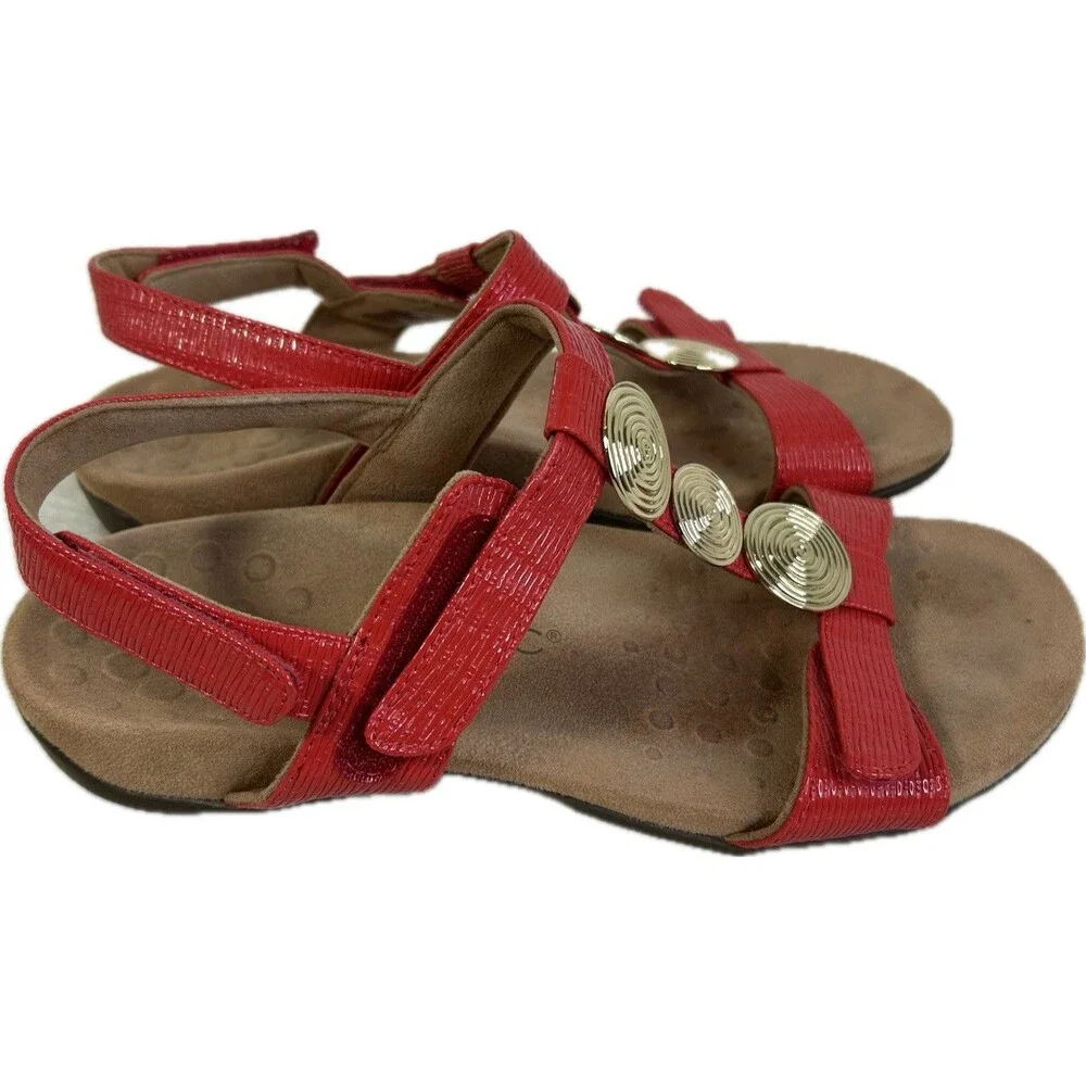 Vionic Farra II Sandal Womens Size 7.5 Red Leather Gold Medallions