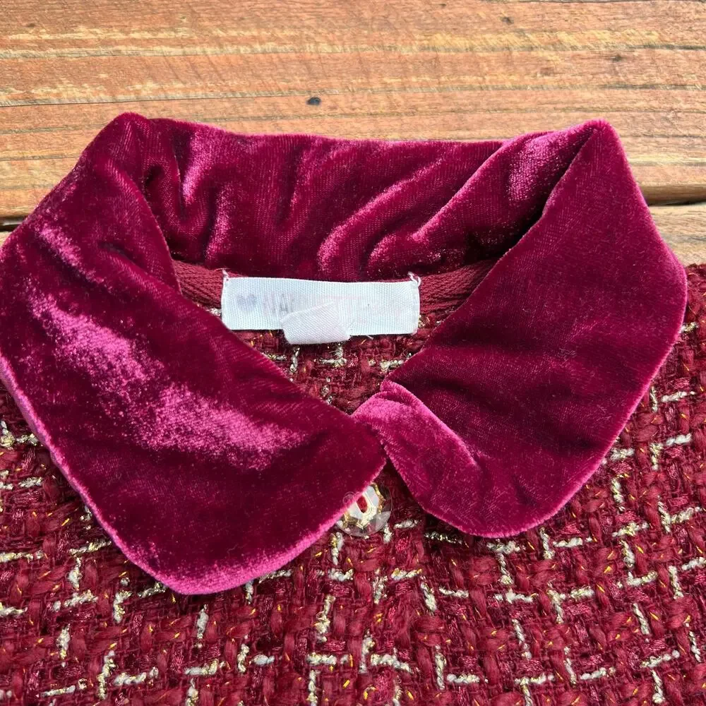 Toddler Princess Dress Coat 24M Burgundy Tweed Velvet Bow Holiday Winter Coat