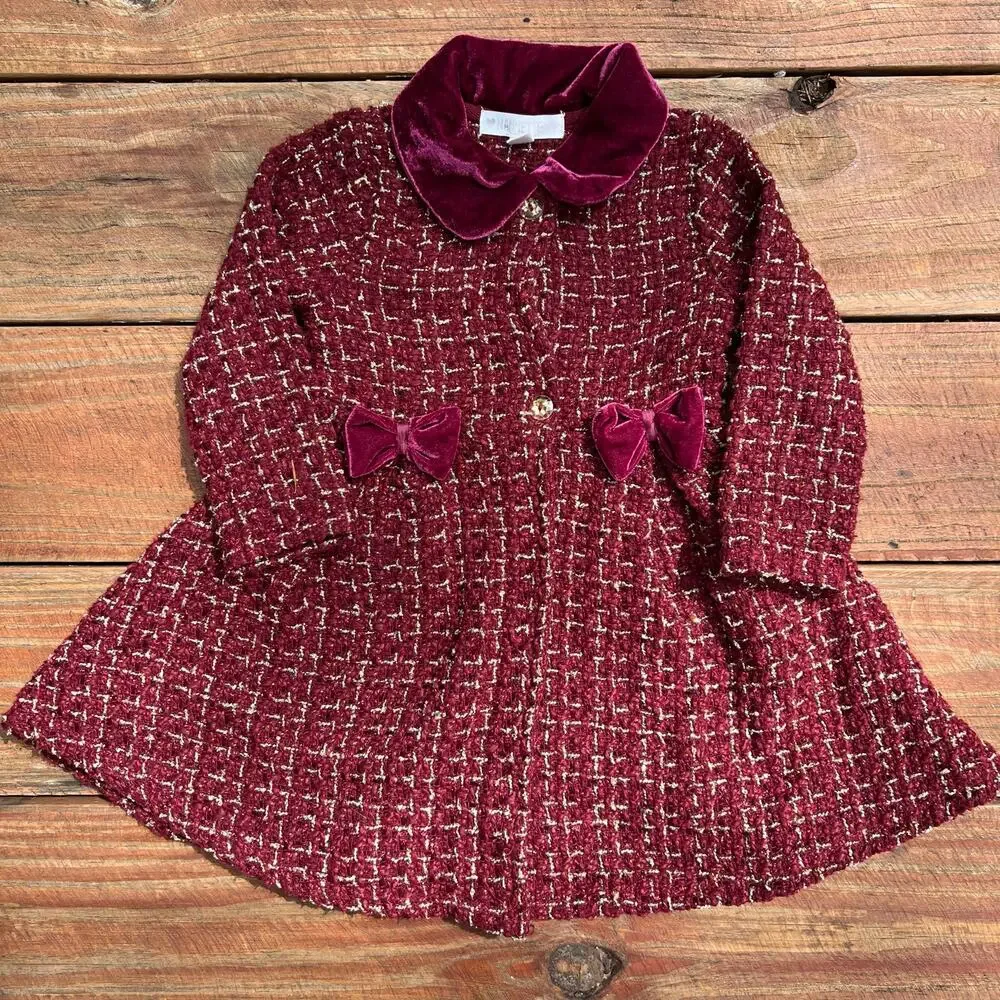 Toddler Princess Dress Coat 24M Burgundy Tweed Velvet Bow Holiday Winter Coat