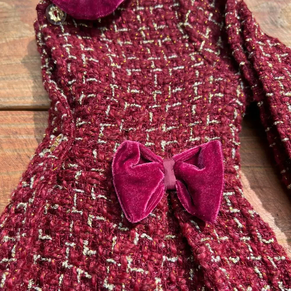 Toddler Princess Dress Coat 24M Burgundy Tweed Velvet Bow Holiday Winter Coat