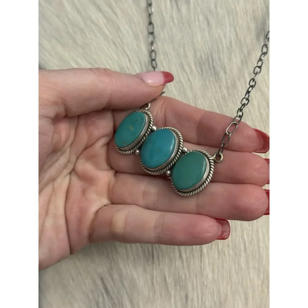 Sterling Silver Kingman Turquoise Blue 3 Stone Bar Link Necklace Braided 20”