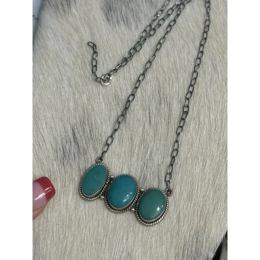 Sterling Silver Kingman Turquoise Blue 3 Stone Bar Link Necklace Braided 20”