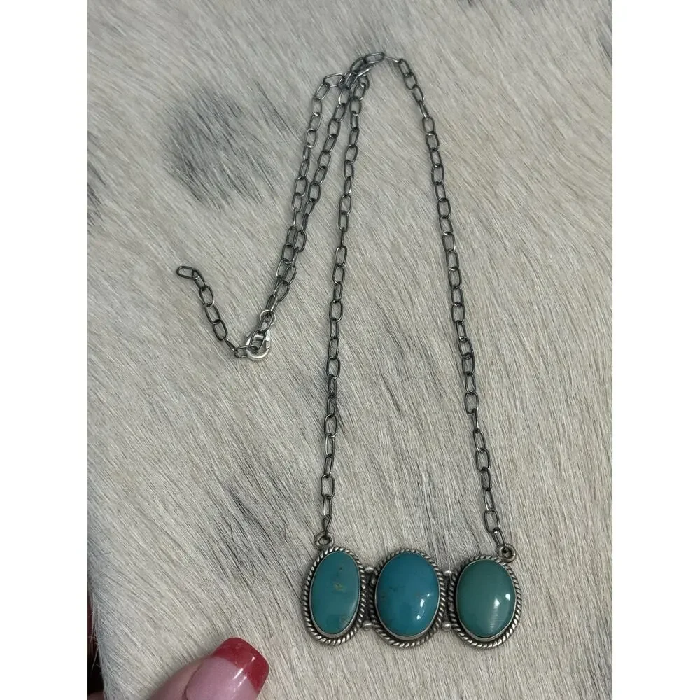 Sterling Silver Kingman Turquoise Blue 3 Stone Bar Link Necklace Braided 20”