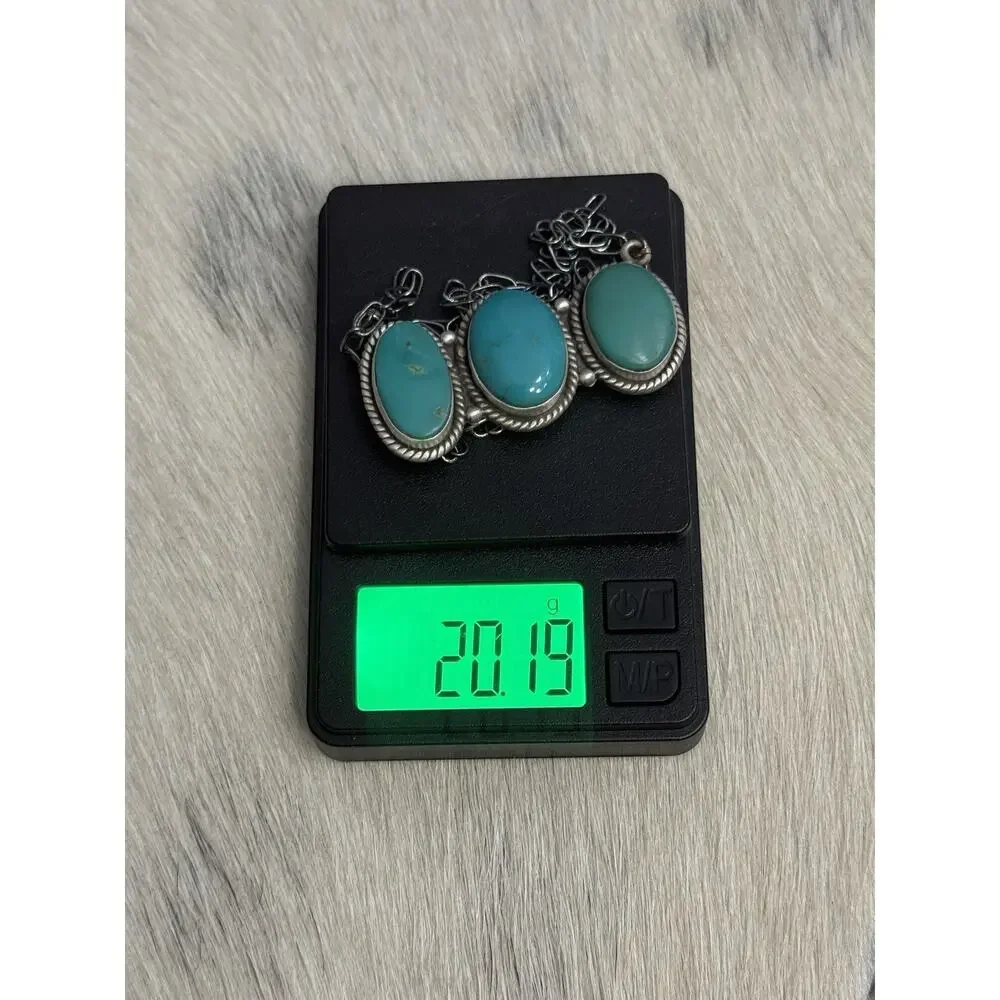 Sterling Silver Kingman Turquoise Blue 3 Stone Bar Link Necklace Braided 20”