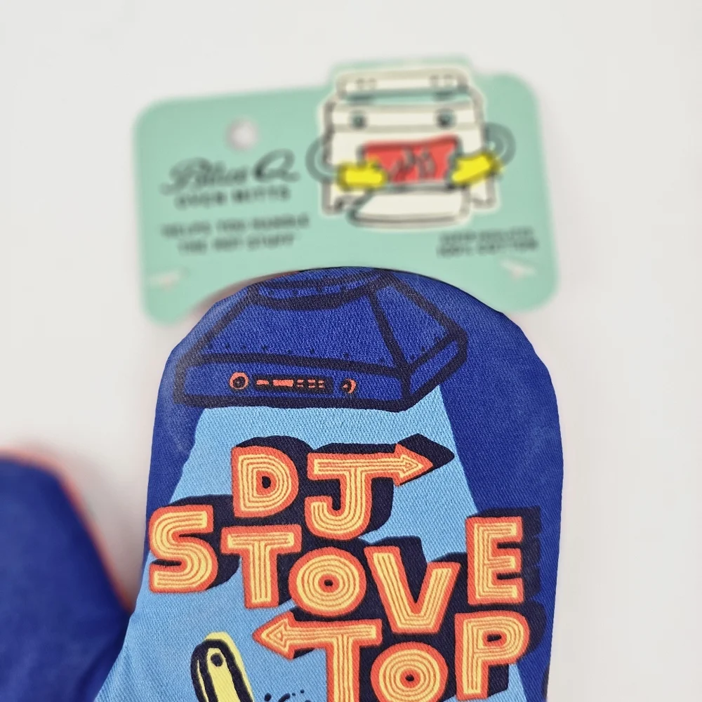Blue Q Blue Oven Mitt with Retro 'DJ STOVE TOP' Graphic