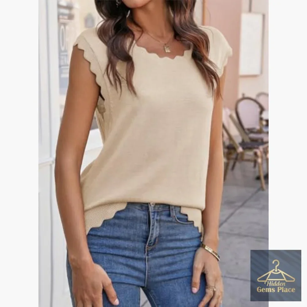 Soft Knit Sweater Vest Tank Top with Scallop Trim Loose Fit