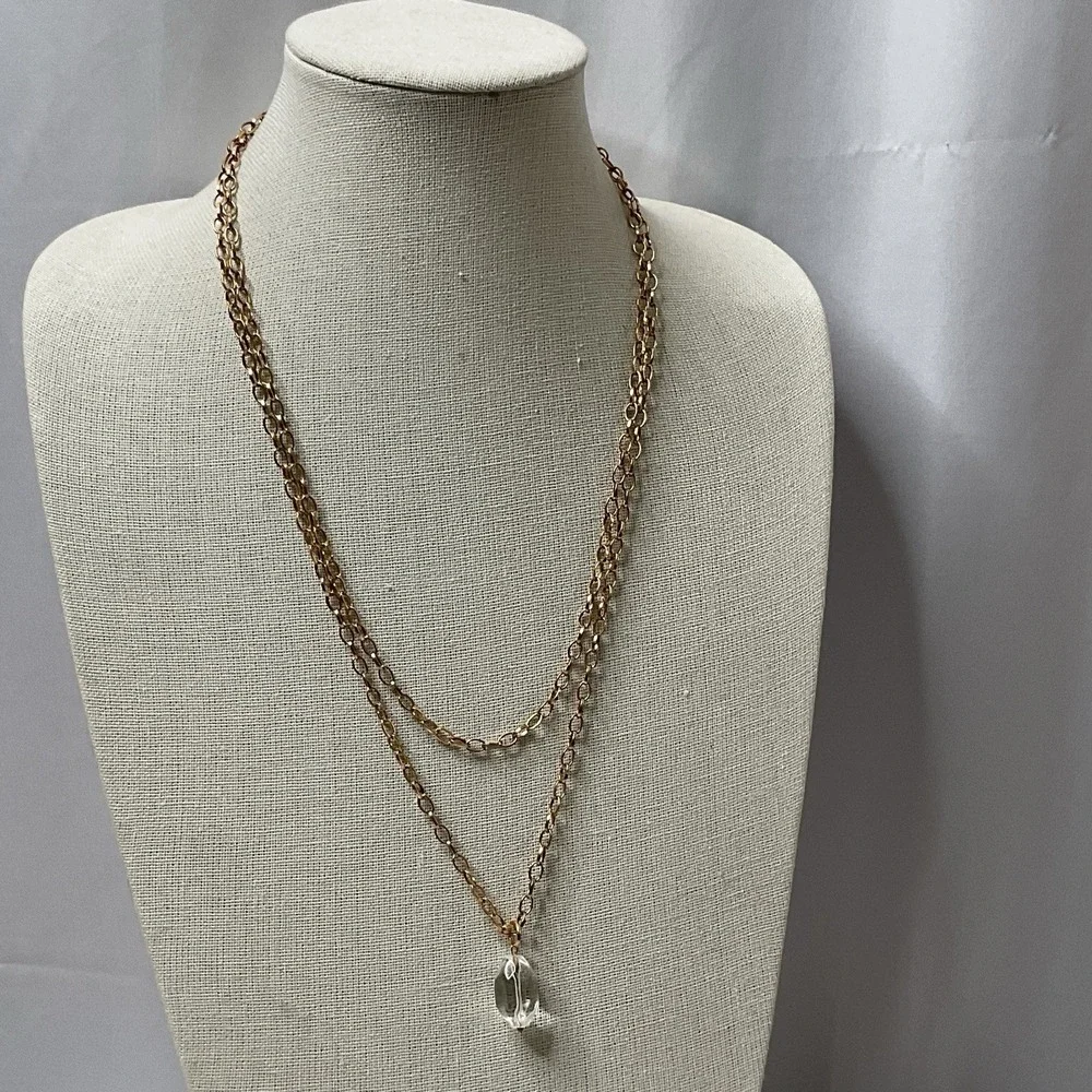 Long Gold Tone Chain Necklace Quartz Pendant 48