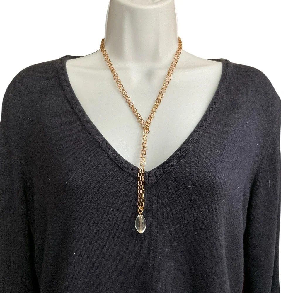 Long Gold Tone Chain Necklace Quartz Pendant 48