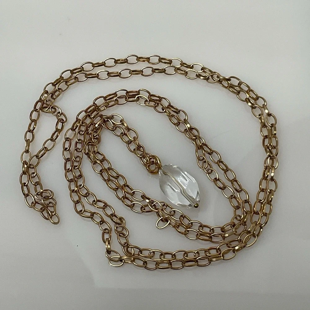 Long Gold Tone Chain Necklace Quartz Pendant 48