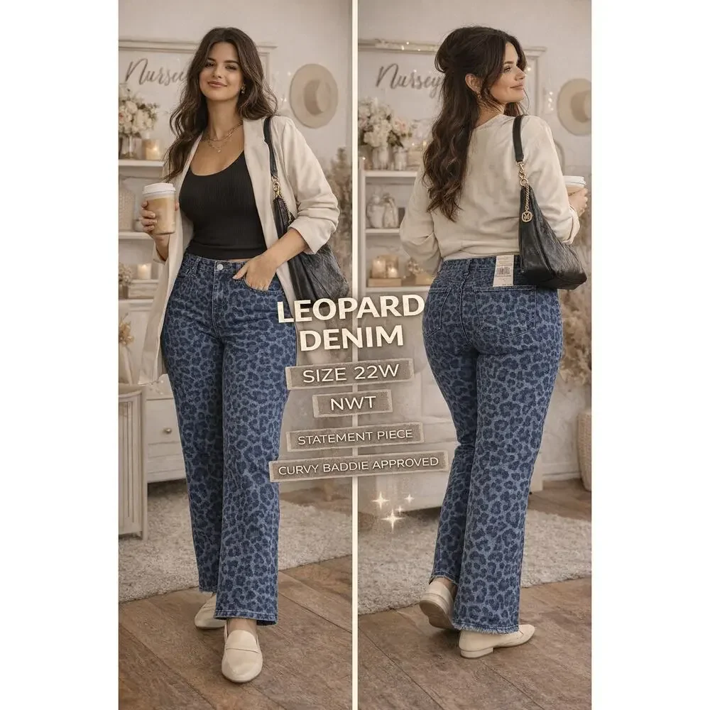 Michael Kors Leopard Print Jeans 22W NWT Blue Animal Denim