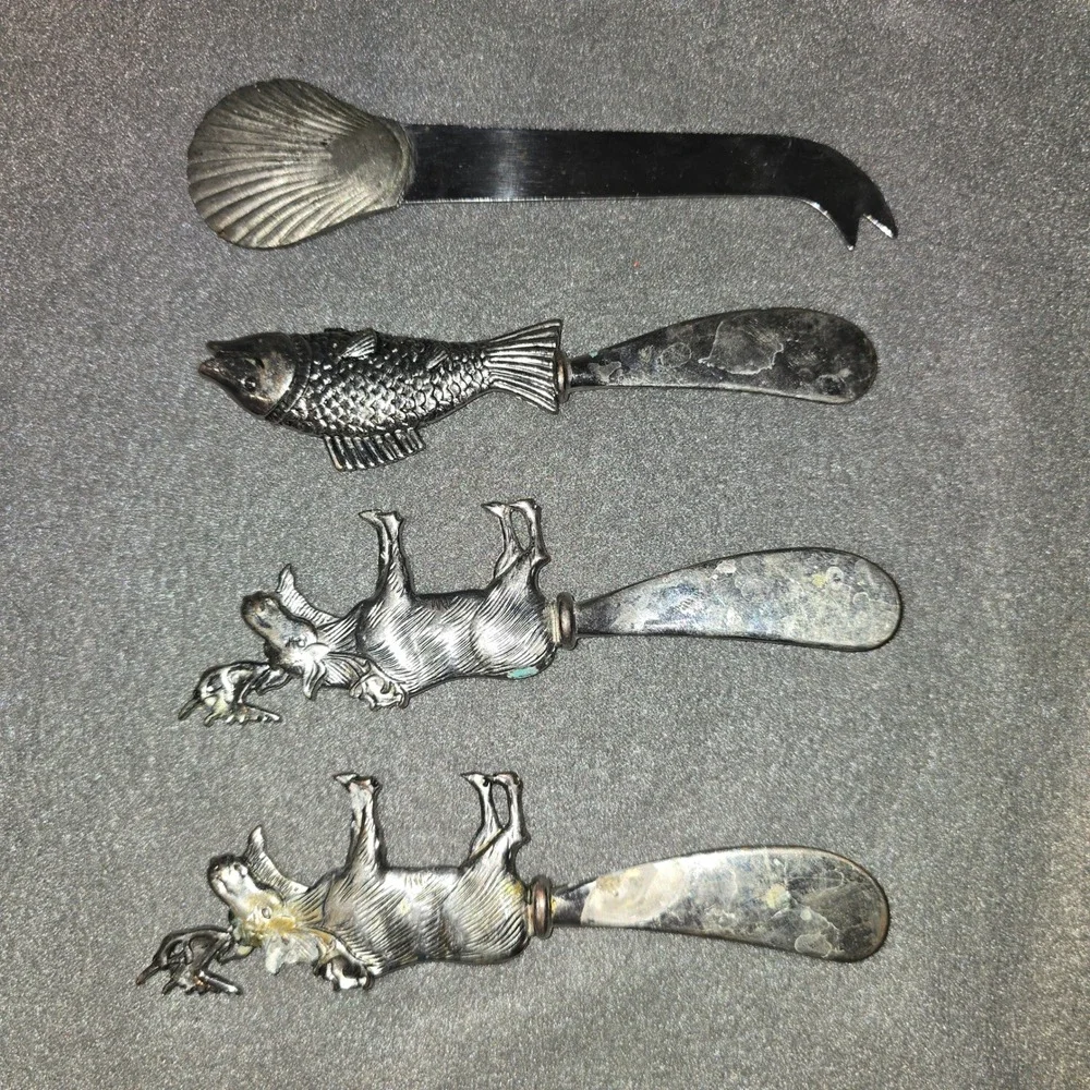 Vintage Style Animal Cheese Knife Spreader Set 4pc Moose Fish Shell Silver Tone