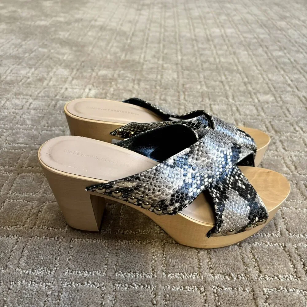 Diane von Furstenberg Snake Print Wooden Platform Sandal Womens 8M Italy Y2K New