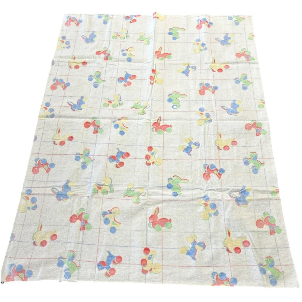 Baby Blanket White Duck Rabbit Pull Toy Pattern USA Vintage Days