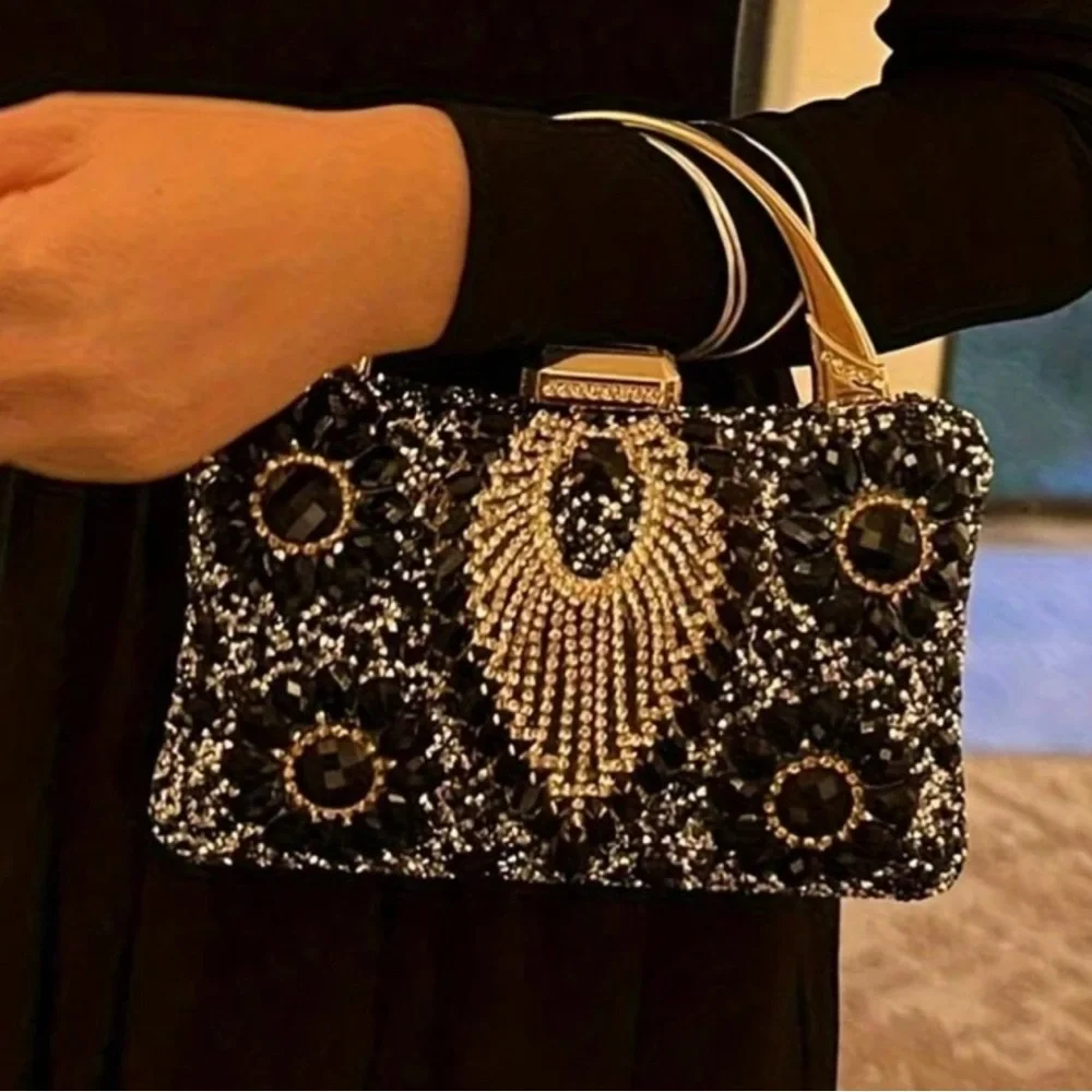 Embellished Black Crystal Evening Clutch with Gold Handle