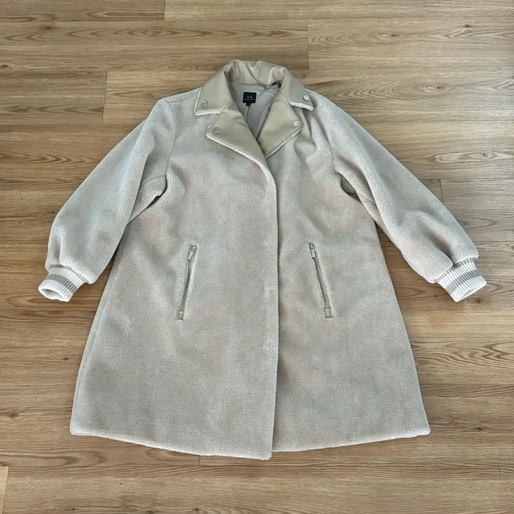 A|X ARMANI EXCHANGE Womens Zipper Detailing Sherpa Peacoat Jacket Sz Large Beige