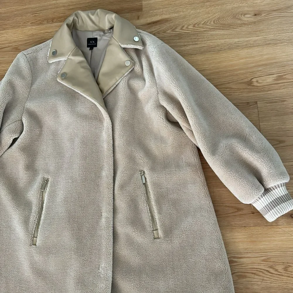 A|X ARMANI EXCHANGE Womens Zipper Detailing Sherpa Peacoat Jacket Sz Large Beige