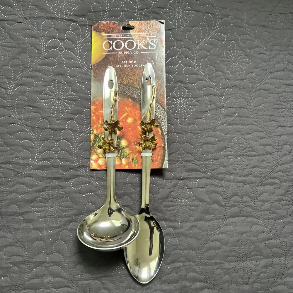 Cooks Supply Co. 2Pc Stainless Steel + Brass Decorative Serving Spoons NEW Home