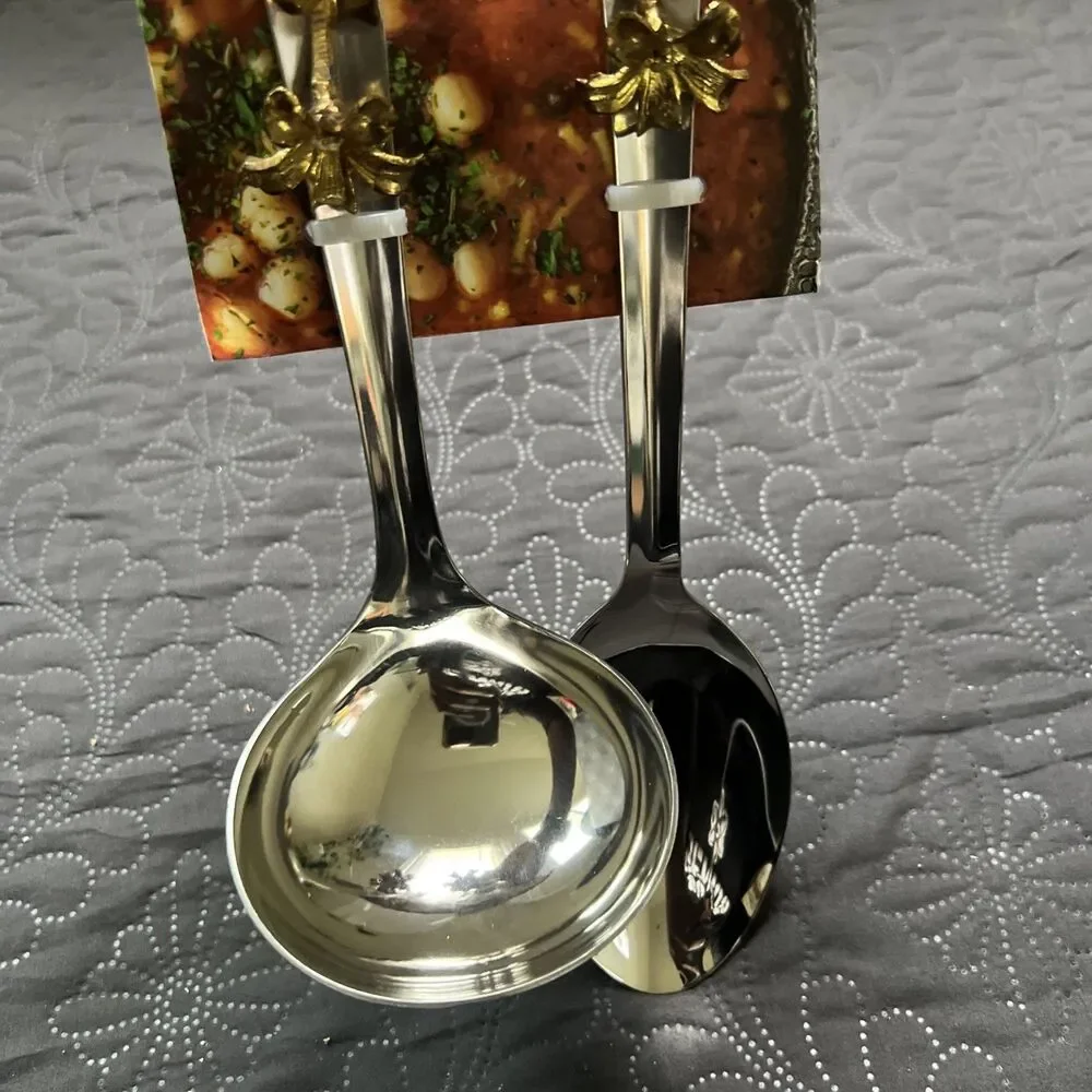 Cooks Supply Co. 2Pc Stainless Steel + Brass Decorative Serving Spoons NEW Home