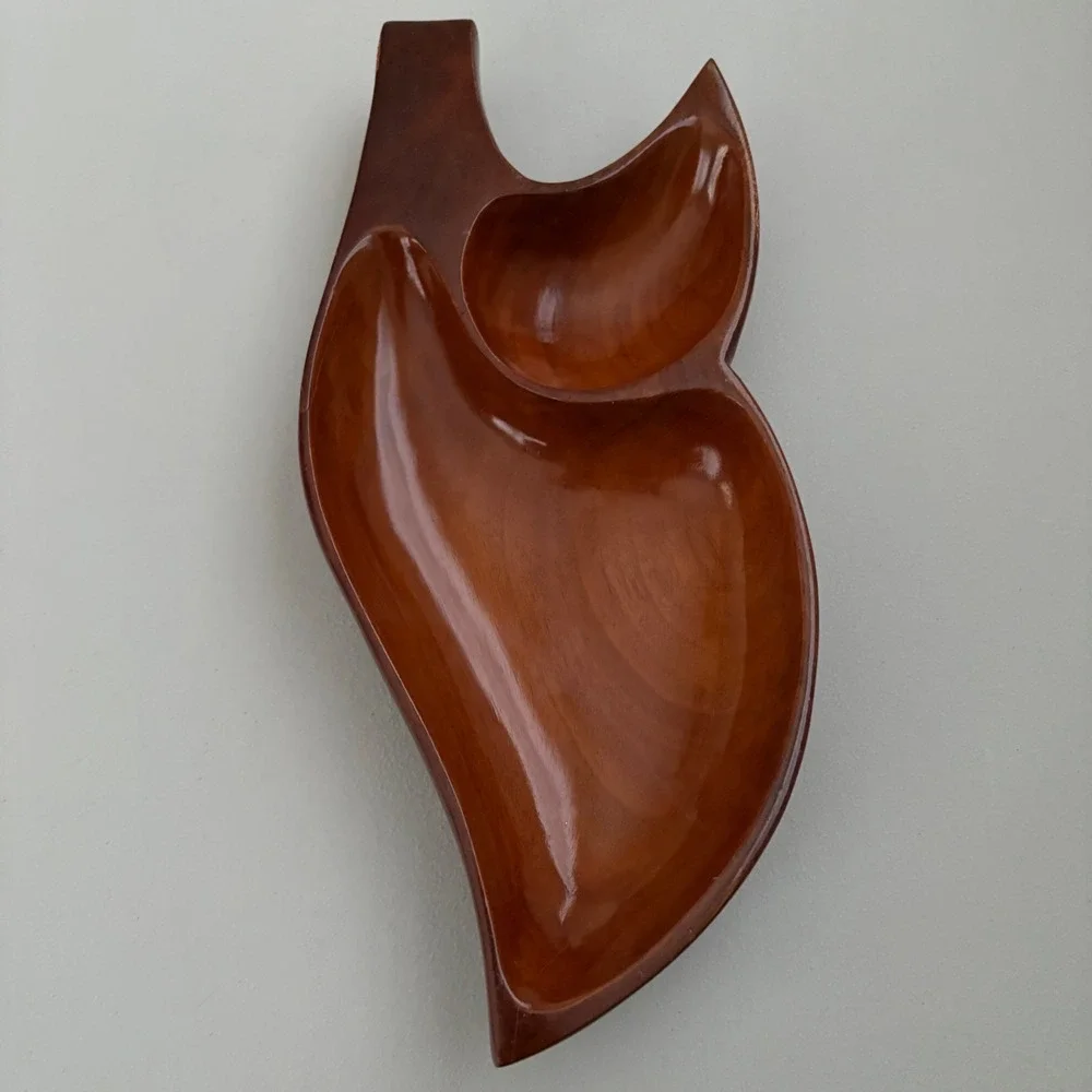 Hand Carved Wood Leaf Shaped Serving‎ Dish Mid Century Modern Appetizer Tray