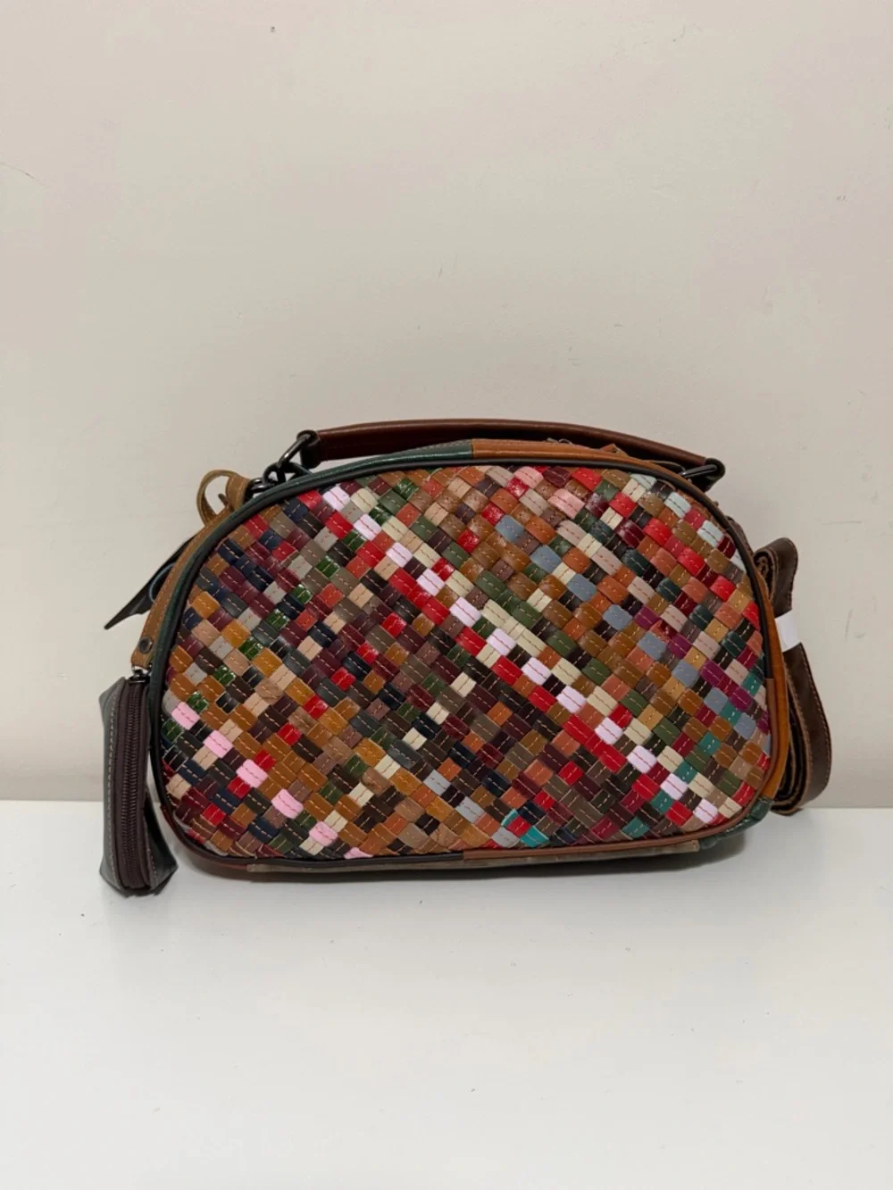 Amerileather Beckett woven satchel colorful Patchwork size 12.5