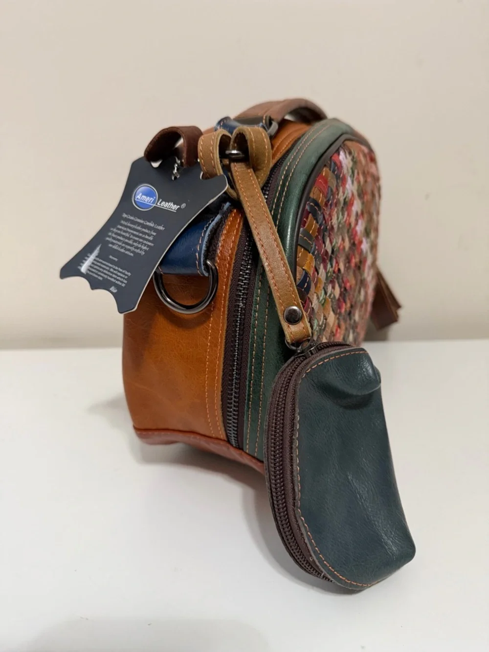 Amerileather Beckett woven satchel colorful Patchwork size 12.5