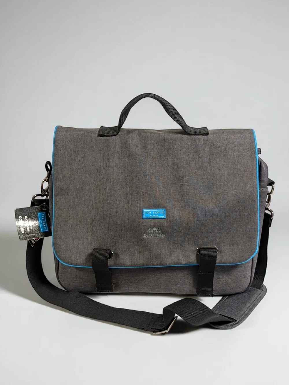 Ted Baker London Laptop Messenger Bag Gray Blue Trim NWT Bodywear Work Travel