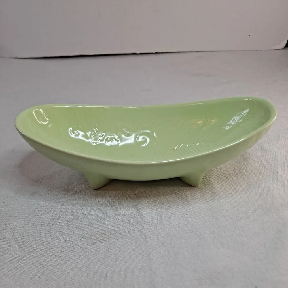 Vintage HULL Pottery Console Footed Bowl Green USA I-18 Glazed Leaf Pattern