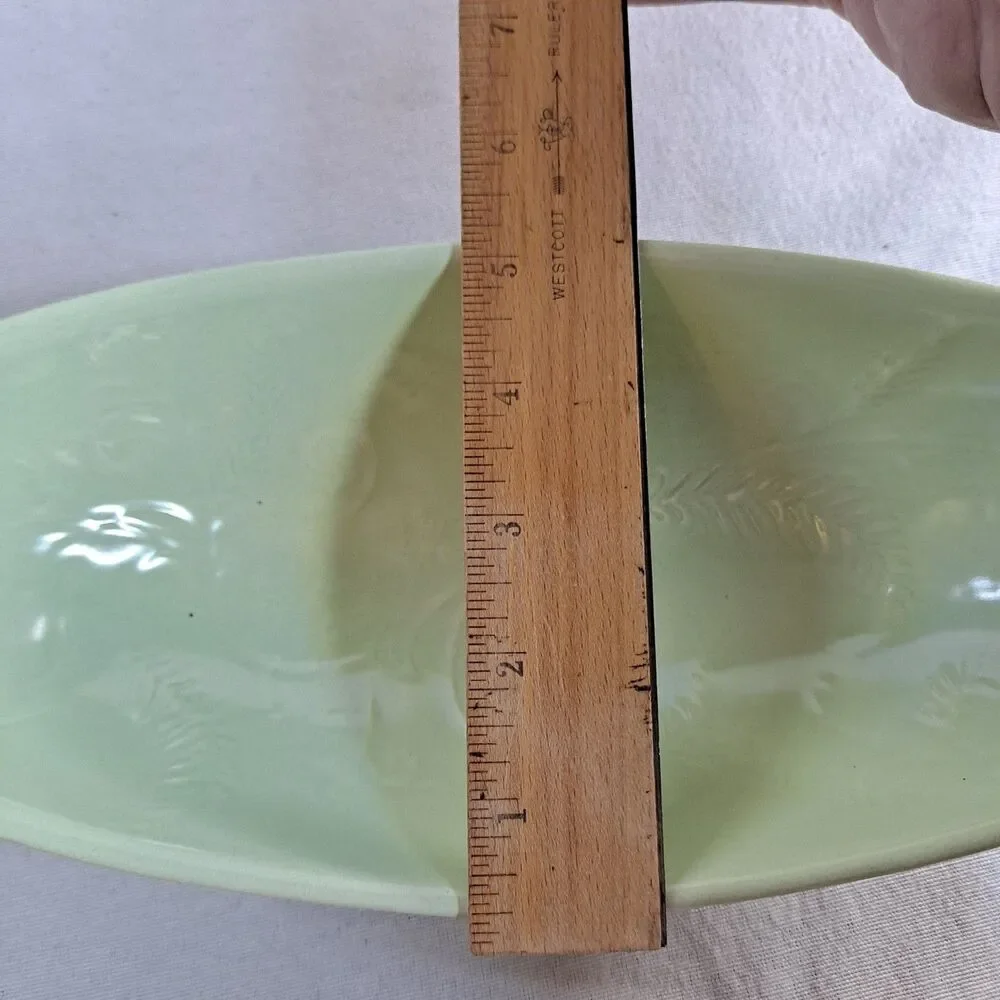 Vintage HULL Pottery Console Footed Bowl Green USA I-18 Glazed Leaf Pattern