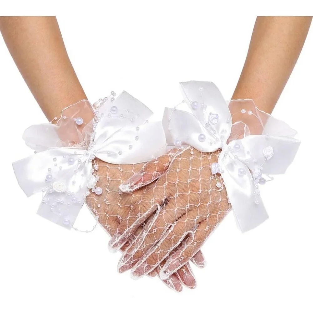 Women's Crystal Satin Bow Wrist White Gloves Short Length Wedding Accessories