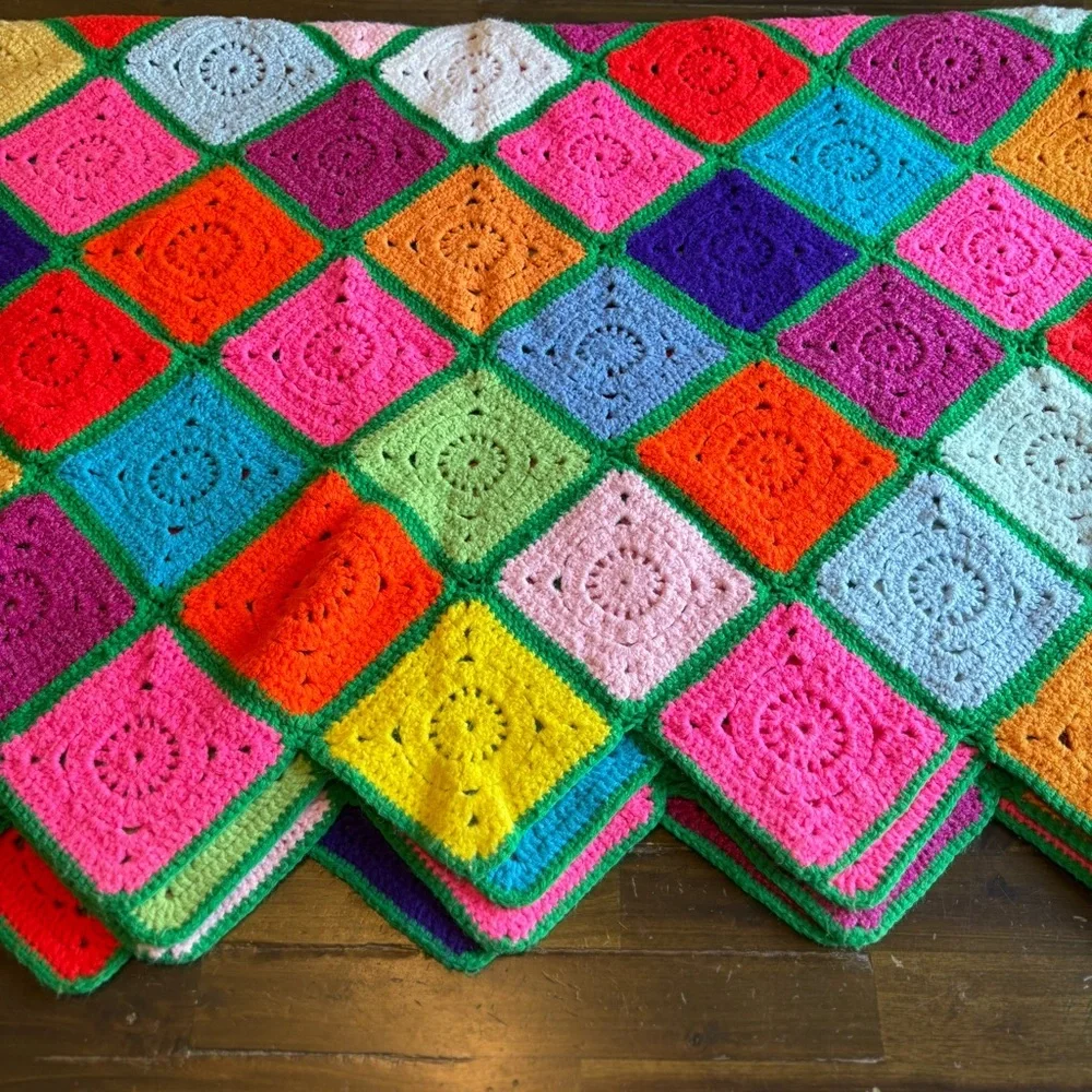 Vintage Granny Square Colorful Crochet Blanket Pink Yellow GrannyCore Throw