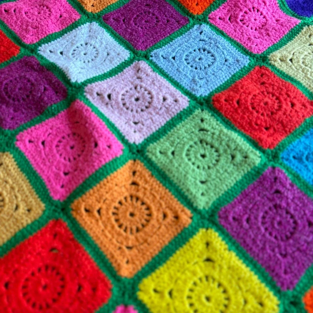 Vintage Granny Square Colorful Crochet Blanket Pink Yellow GrannyCore Throw