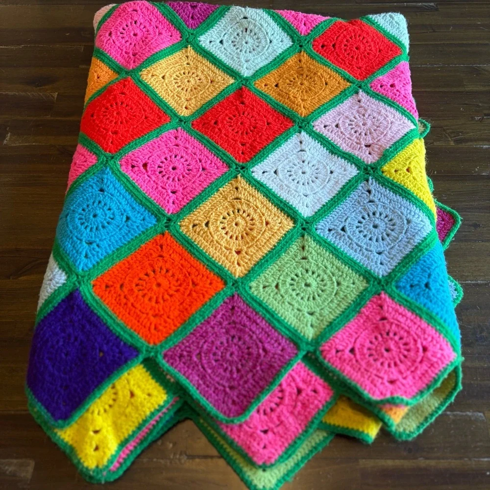 Vintage Granny Square Colorful Crochet Blanket Pink Yellow GrannyCore Throw