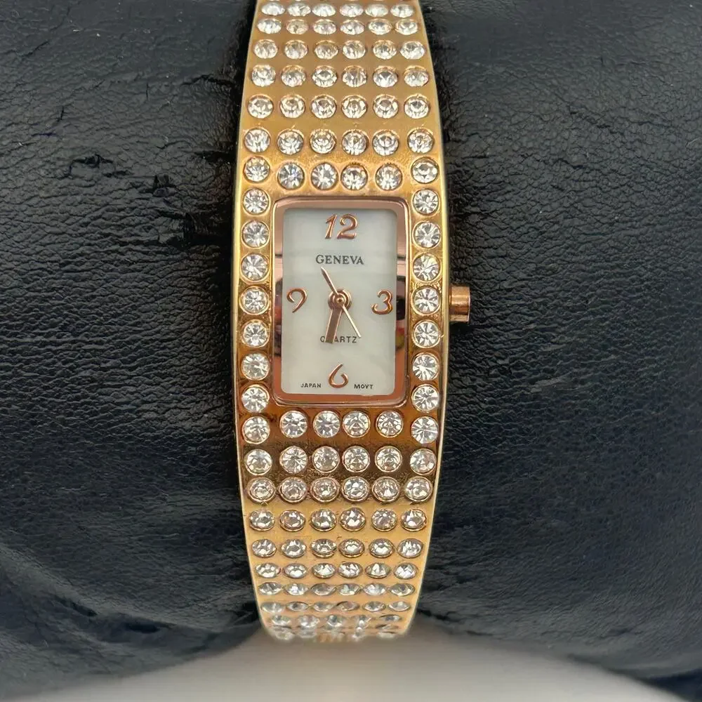 Geneva Rose Gold Crystal Embellishments Women’s Bangle  Watch New Battery