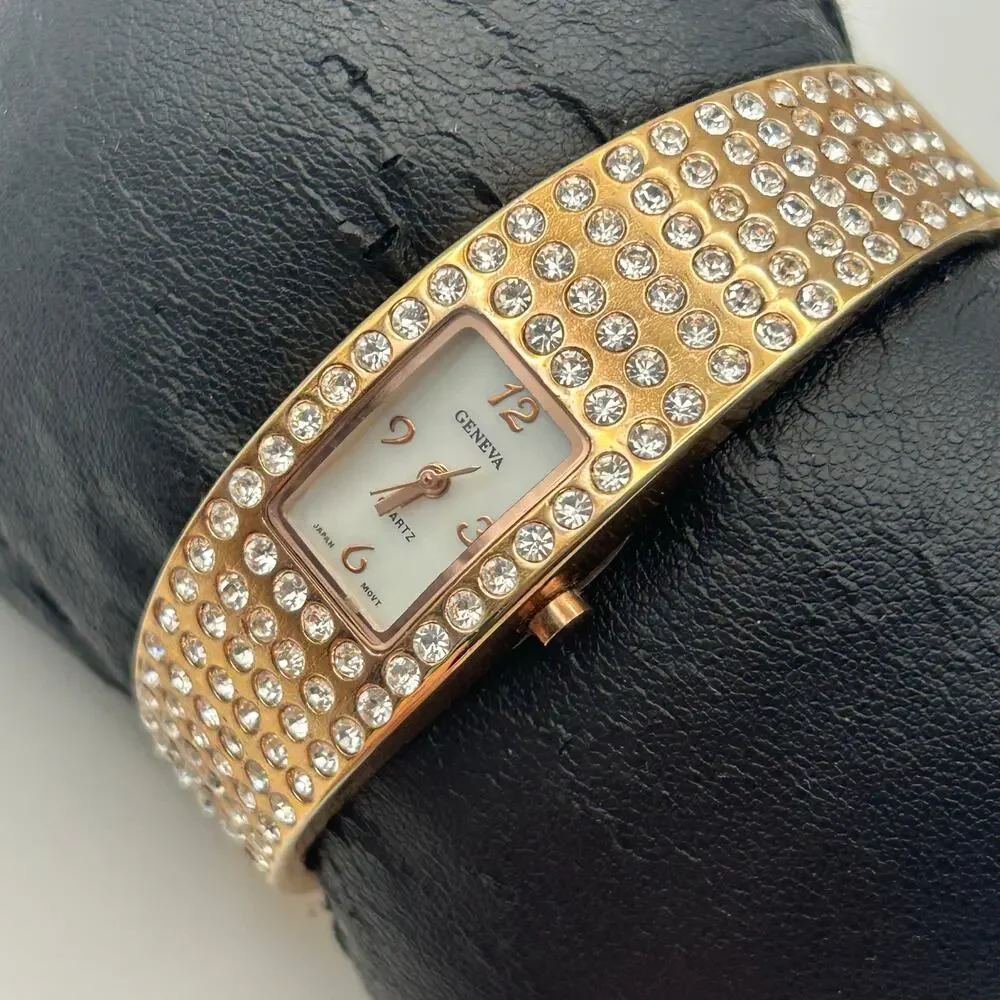 Geneva Rose Gold Crystal Embellishments Women’s Bangle  Watch New Battery