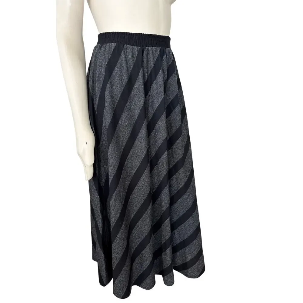 VTG 80s ANN WI Diagonal Stripe Lightweight Wool Maxi Skirt in Gray & Black  SZ S