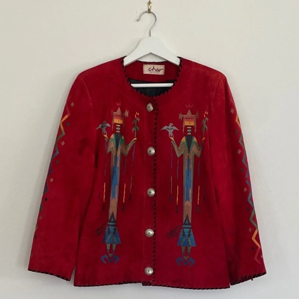 Char Santa Fe Red Suede Painted Kachina Southwestern Concho Button Jacket USA
