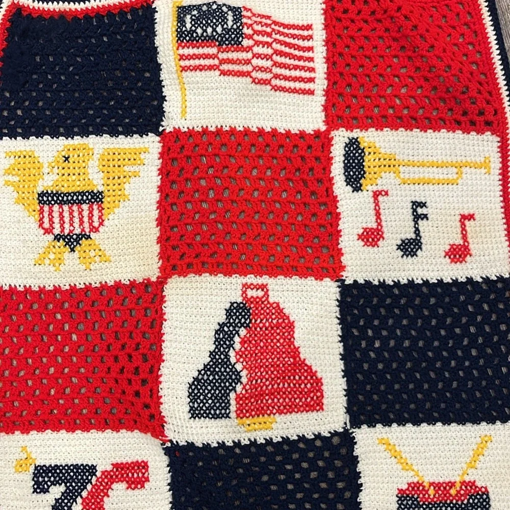 Vintage 1976 Crochet Afghan Patriotic Americana Handmade Blanket