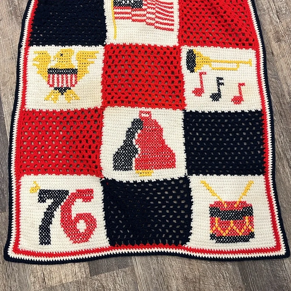 Vintage 1976 Crochet Afghan Patriotic Americana Handmade Blanket