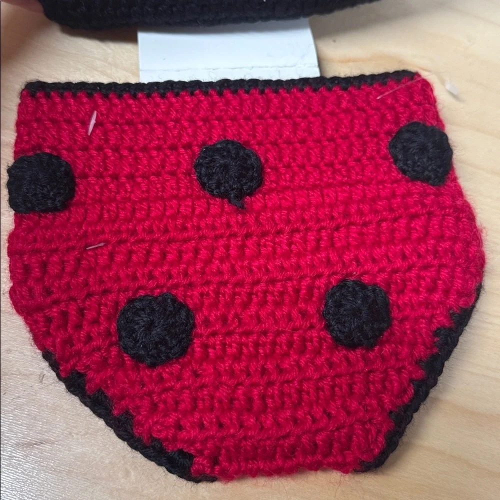 NWT Handmade crocheted ladybug Red & Black Baby hat and diaper cover 0-9 months