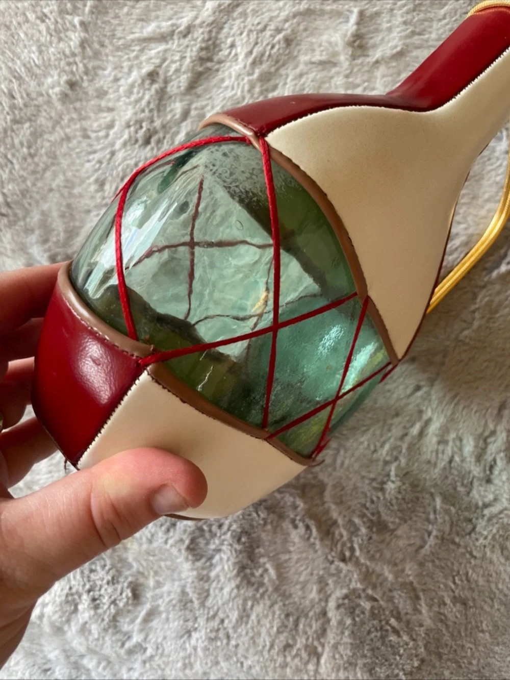 Vintage Spanish Decorative Green Glass White and Red Leather Wrap Wine decanter
