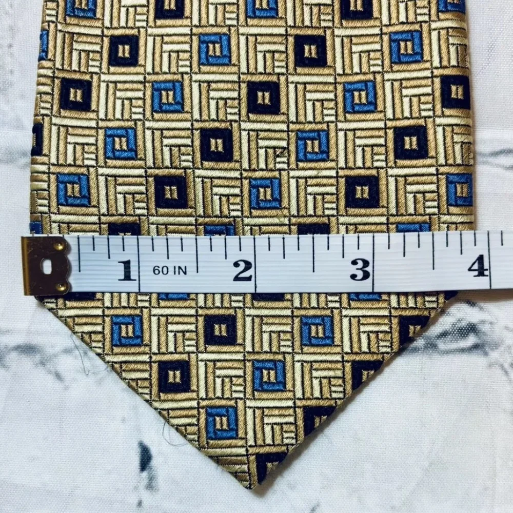 ROBERT TALBOTT Studio Mens 100% Silk Necktie USA Designer Geometric Tan/Blue