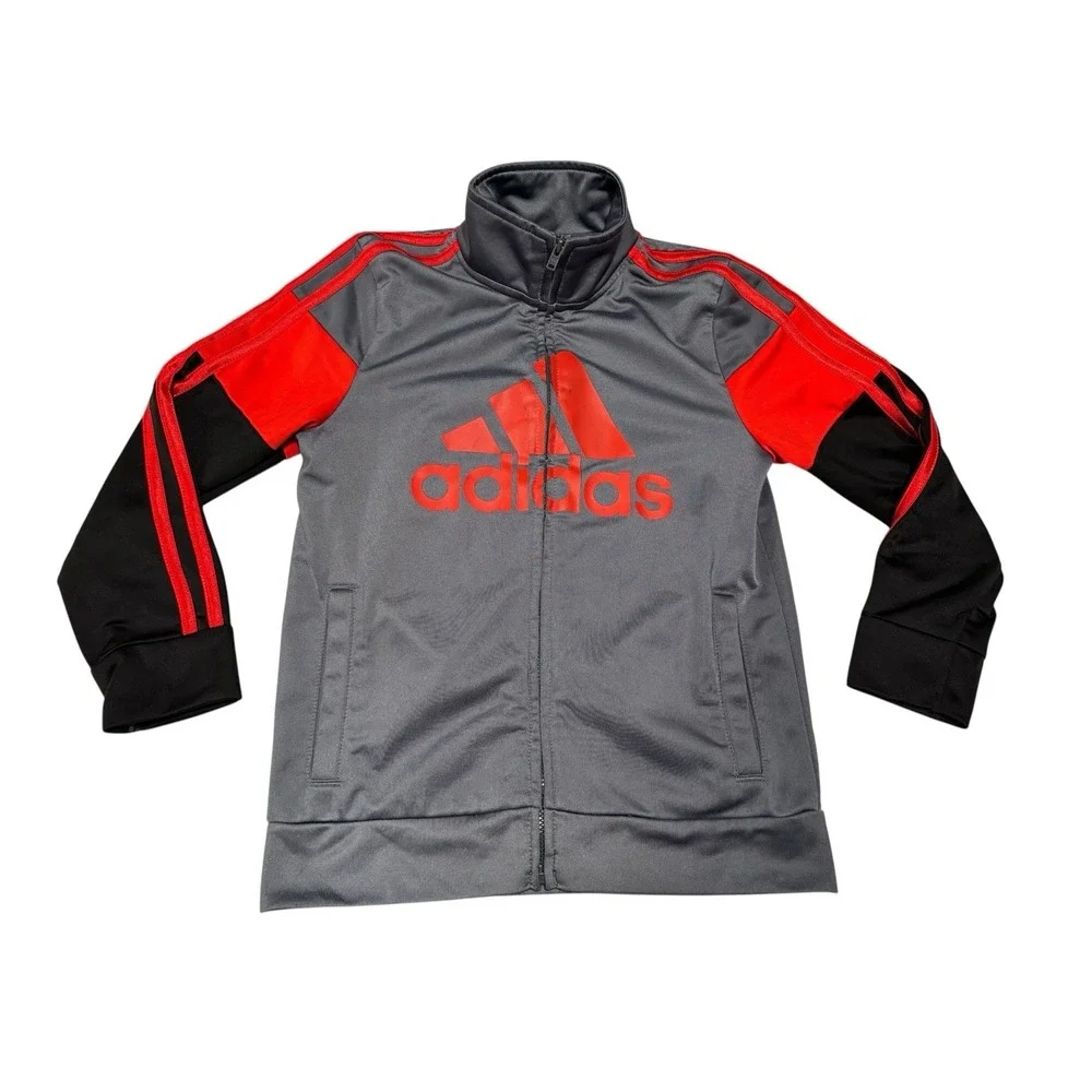 Adidas Boys Sz 6 Black, Red & Gray Long Sleeve Full Zip Mock‎ Neck Track Jacket
