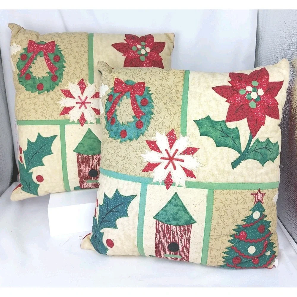 2 VTG Handmade‎ Country Quilted Christmas Accent Pillows 12