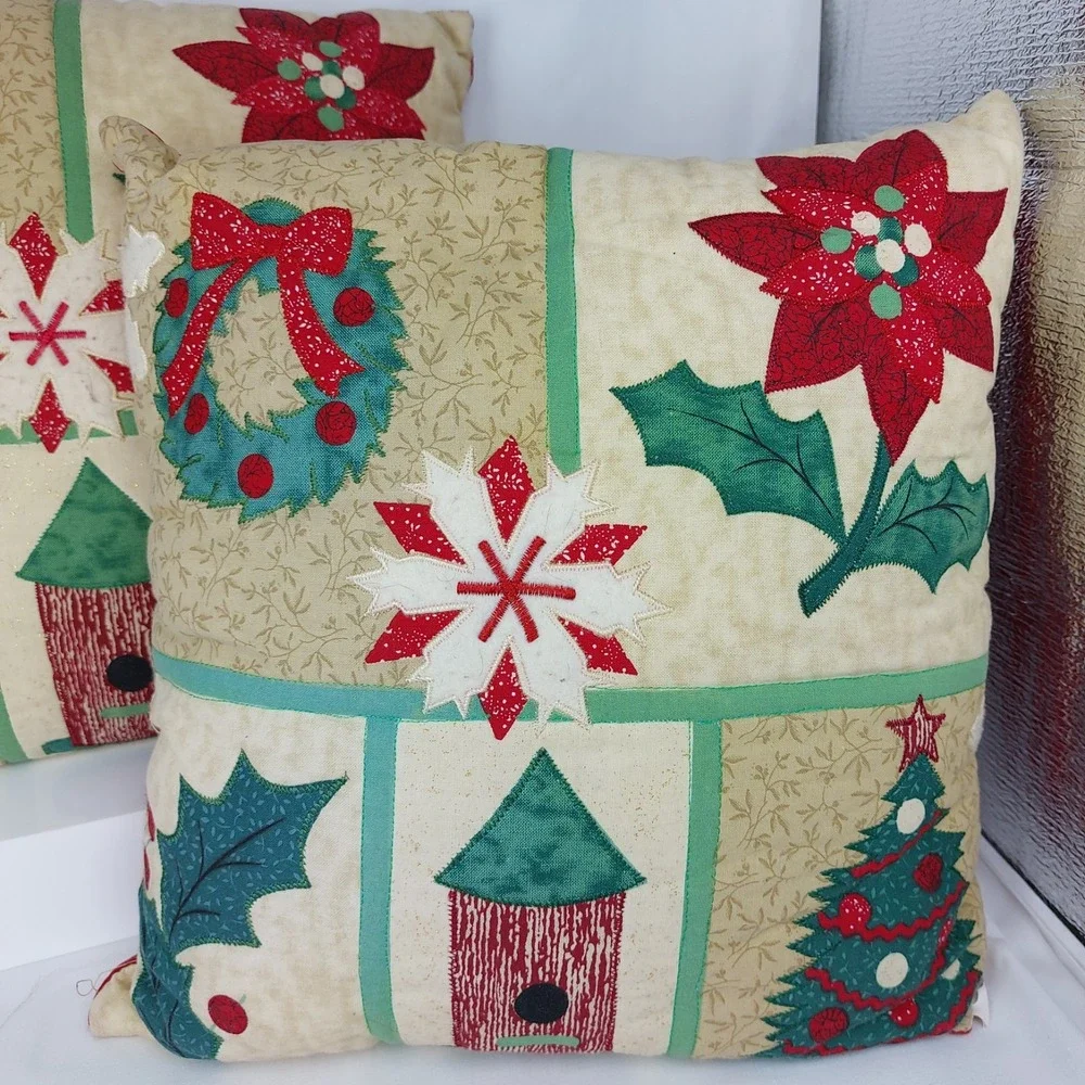 2 VTG Handmade‎ Country Quilted Christmas Accent Pillows 12