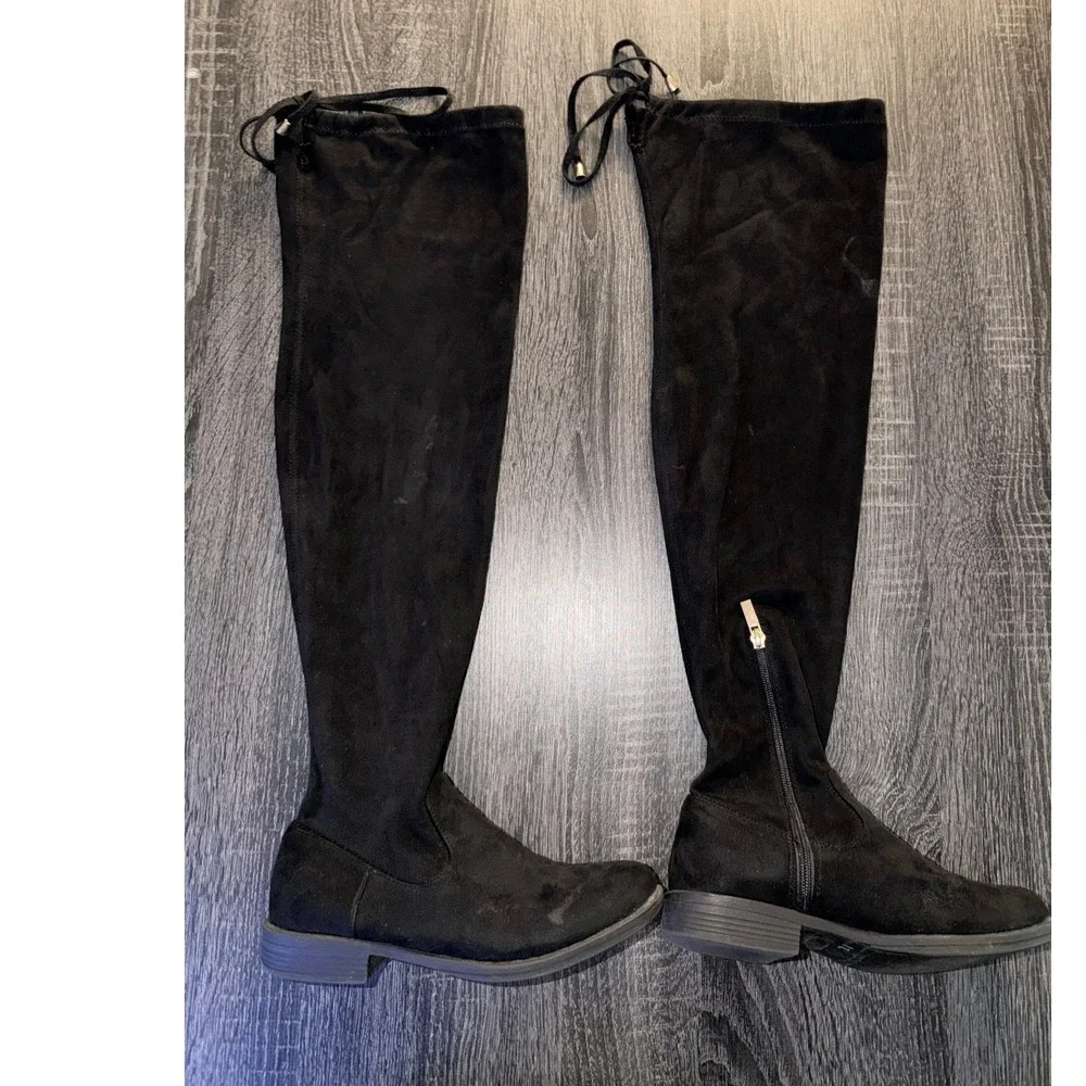 Shoeland Black Faux Suede Over Knee OTK Flat Boots Women 6 Thigh High Zip