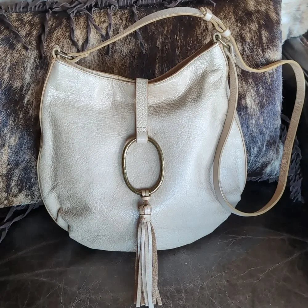 Lucky Brand Cream Colored Leather With Brass Ring/Tassel Crossbody Bag
